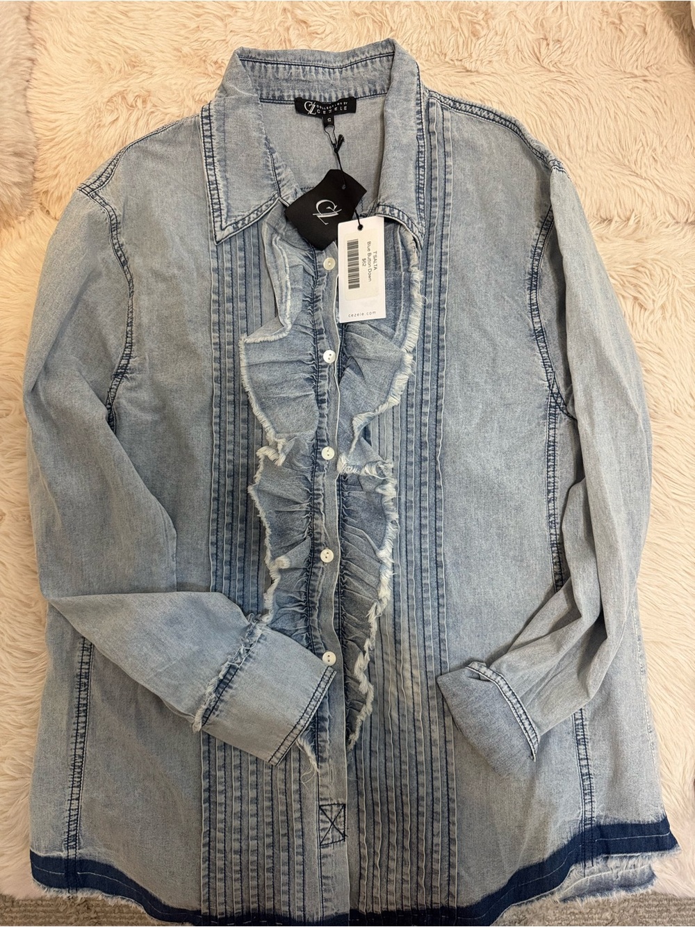Light Blue Ruffle Denim Button-Down - Picture 4 of 6